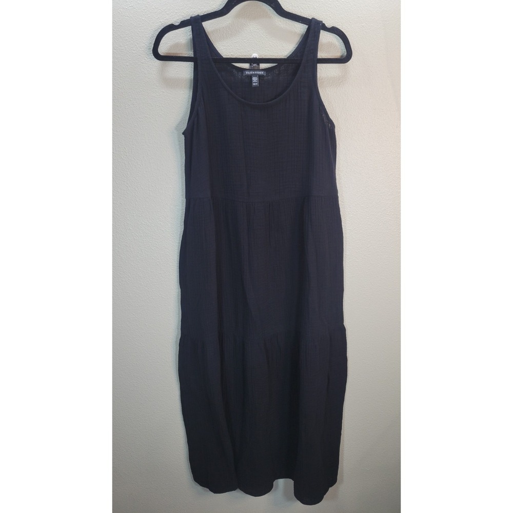 Eileen‎ Fisher Organic Cotton Gauze Maxi Dress Black XS Tiered Minimalist